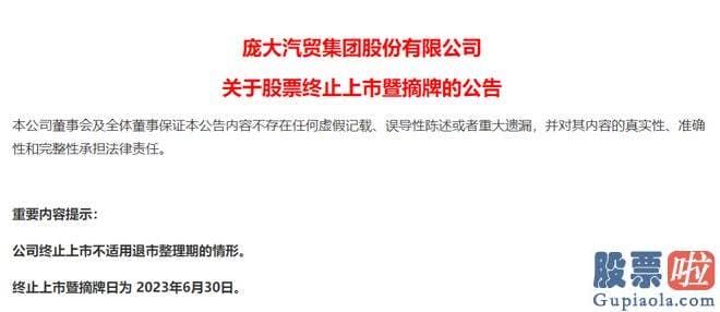 今日大盘评论_上海证券交易所下发关于庞大汽贸集团股份有限公司股票终止上市的决策