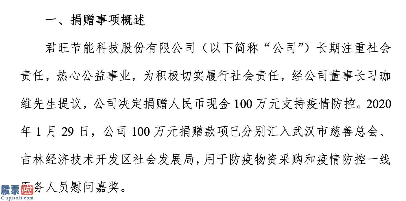 今日股市新闻直播_君旺股份捐赠100万元用于防疫物资采购等