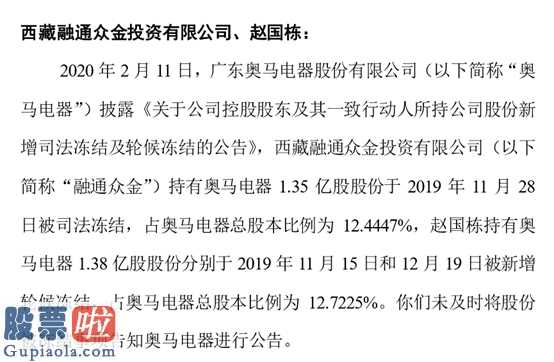 股市新闻最新消息：奥马电器(002668)实控人及一致行动人收监管函：近2.71亿股被冻结未及时信披