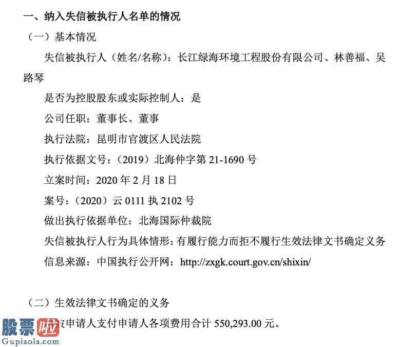 上市公司新闻与公告：长江绿海未按期支付费用55万被纳入失信人去年前三季度亏损575万