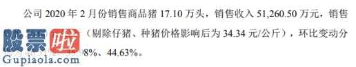 601899千股千评：天邦股份(002124)2020年2月份销售商品猪17.1万头销售收入5.13亿元