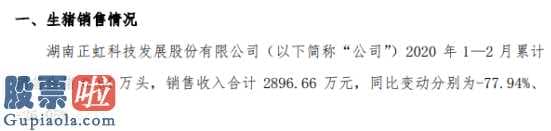 华通白银网-正虹科技(000702)1月—2月累计销售生猪6400头同比下滑78%