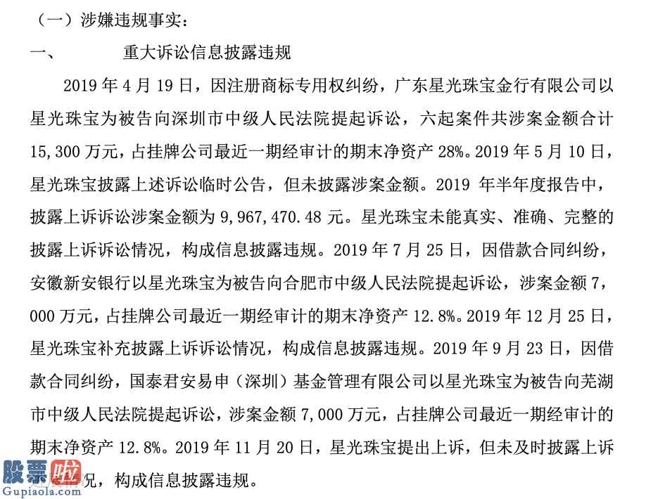 今日股票行情分析 星河珠宝首饰被出示警告函:6起涉诉额度具体共1