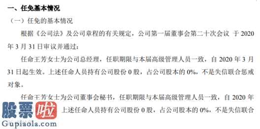 今日股市要闻解读：润雅高新科技今年3月26日决议并根据任职王芳为企业经理、董事会秘书