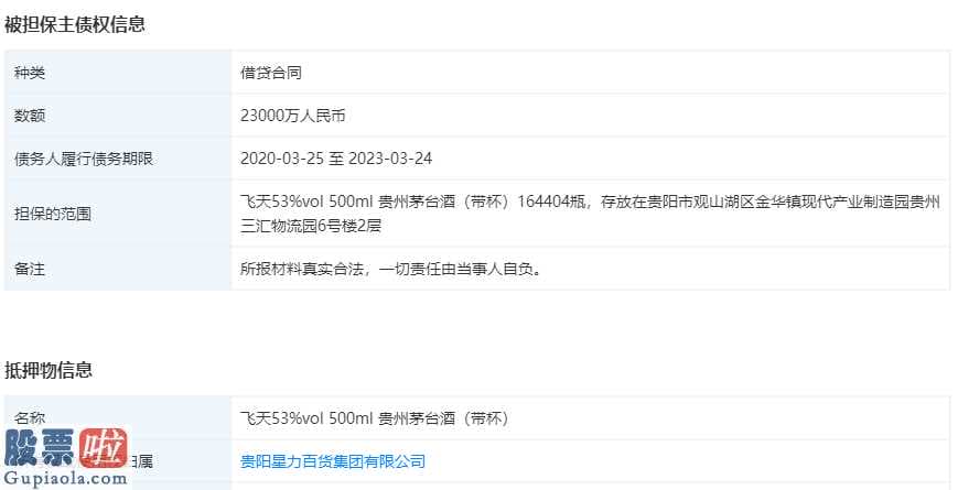 上市公司新闻网 贵阳市星力百货增加动产抵押登记质押物为飞天53%vol500毫升