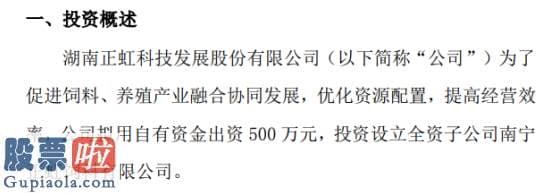 今日股市新闻头条 正虹科技拟用自有资金出资五零零万元投资设立全资子公司