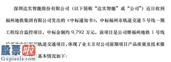 今日股市要闻 达实智能收到《中标通知书》中标金额约9792万元