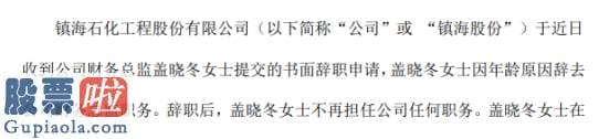 今日股市新闻直播：镇海股份财务总监盖晓冬辞职2019年薪酬为65.15万元