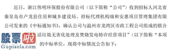 中国上市公司资讯网 伟明环保收到《中标通知书》项目总投资约为3.1亿元