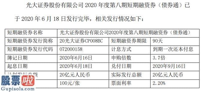 好想你上市公司新闻：光大证券短期融资券发行总额为20亿元