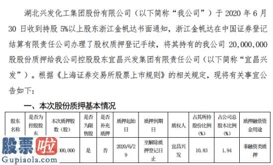 上市公司新闻：兴发集团股东浙江金帆达质押2000万股用于非融资类质押