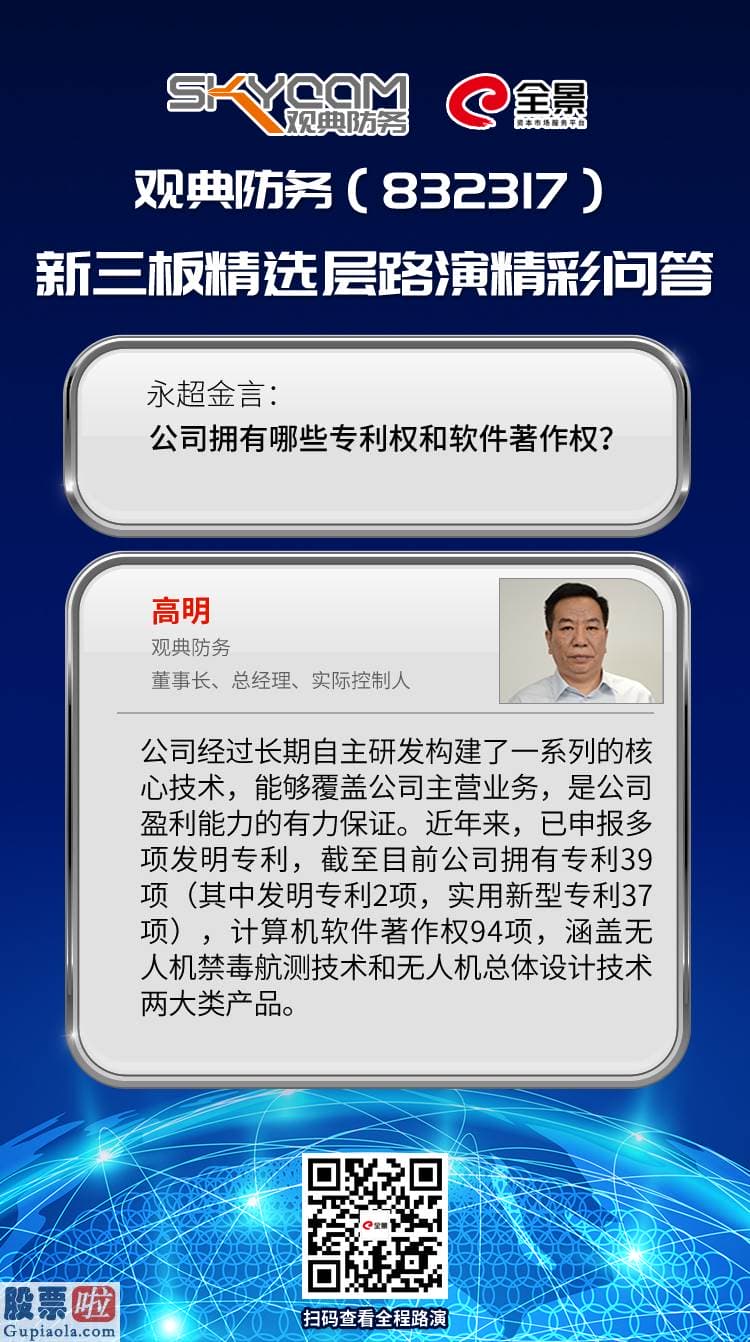 今日股市要闻解读：国内无人机禁毒服务领军企业 观典防务精选层挂牌网上路演成功举办