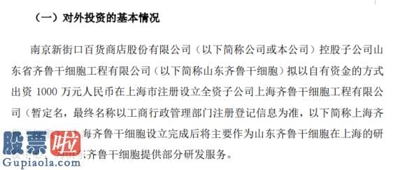 股票公司新闻是最是假 南京新百控股子公司出资1000万元对外投资设立全资子公司