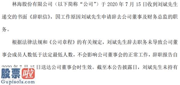 今日股市新闻早知道_林海股份董事及财务总监刘斌辞职2019年薪酬为22.4万元