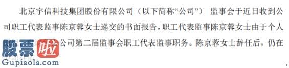 中国股市新闻-宇信科技职工代表监事陈京蓉辞职2019年薪酬为39.48万元