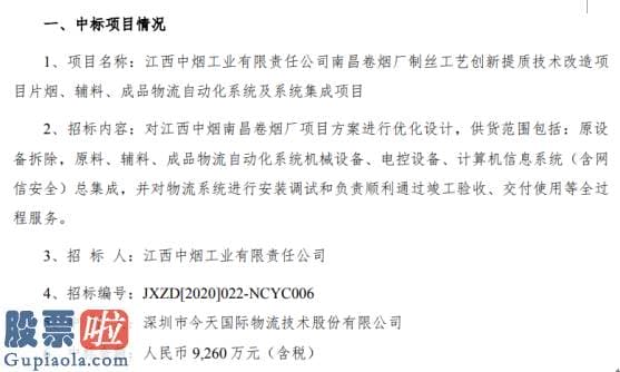 上市公司新闻速递-今天国际收到江西中烟南昌卷烟厂项目中标通知书中标金额9260万元