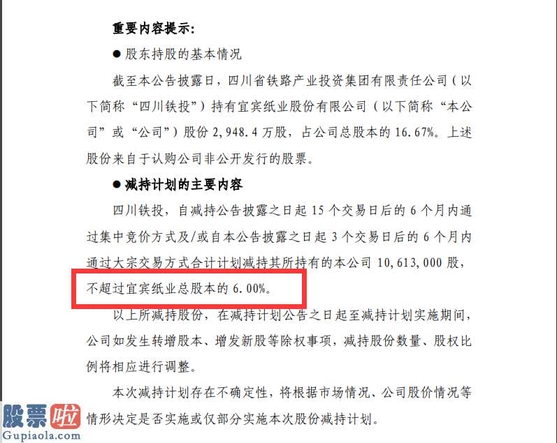 股票公司要闻_宜宾纸业600793公布股东减持计划公告