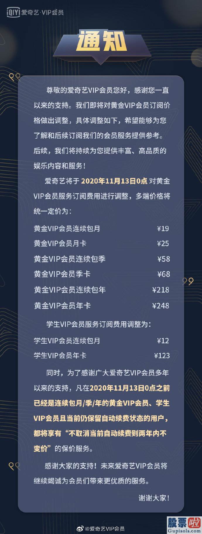 中国投资美股的基金_爱奇艺会员宣布11月13日起涨价：黄金VIP最新价格19元至248元