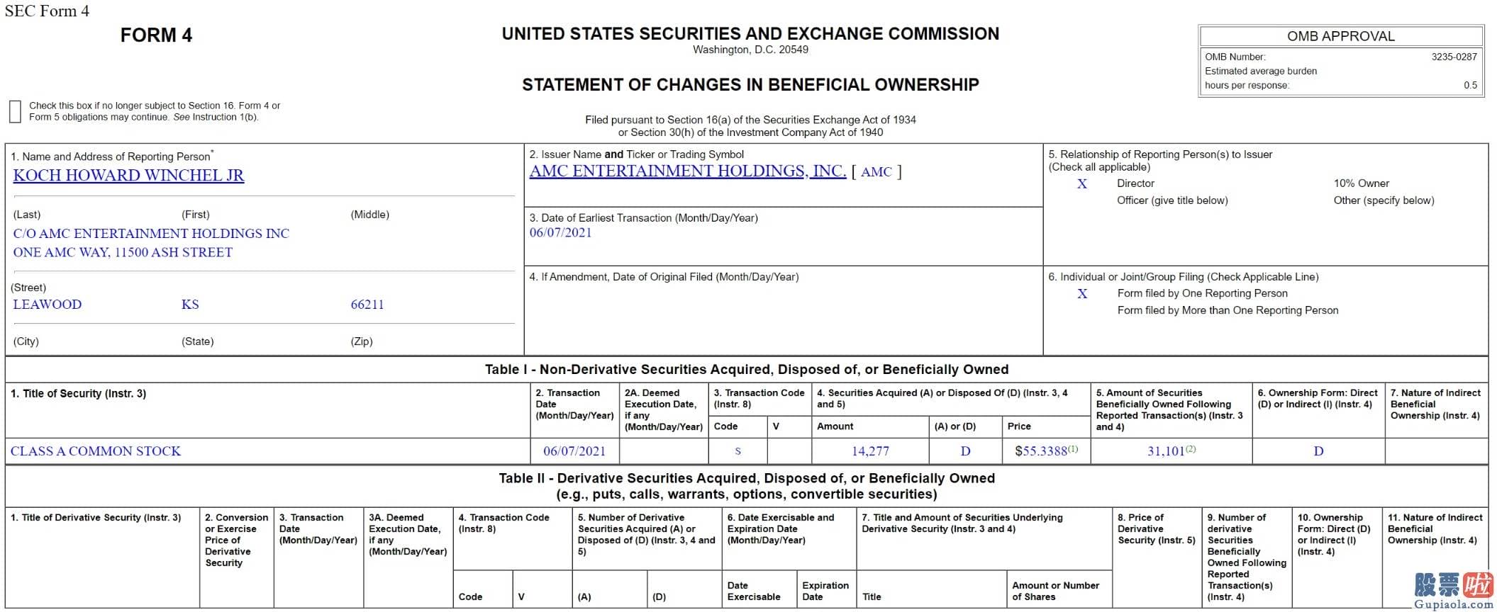 国内投资美股的途径 AMC院线AMC.US大股东向美国证券交易委员会SEC递交持股变动声明FORM4